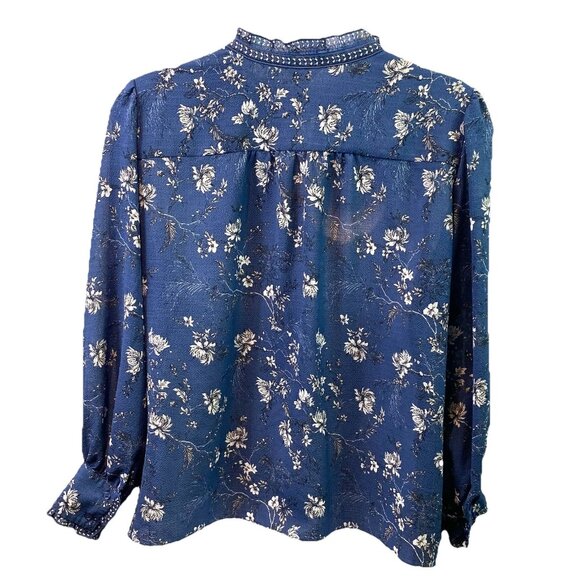 Max Studio Womens Blouse Dusty Blue Floral Bishop Sleeve Ruffle Collar Sz 3X - Picture 3 of 9